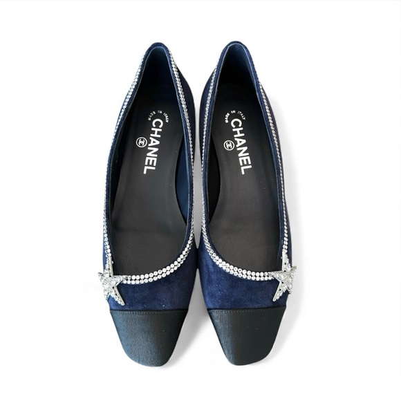 🆕CHANEL Cap Toe Flats Crystal Star & Trim Embellishment Navy & Black 37EU • NIB - Picture 11 of 11